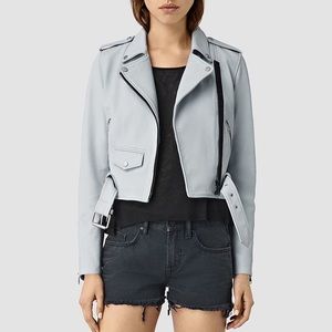 ALLSAINTS Baron Leather Biker Jacket in Sky Blue